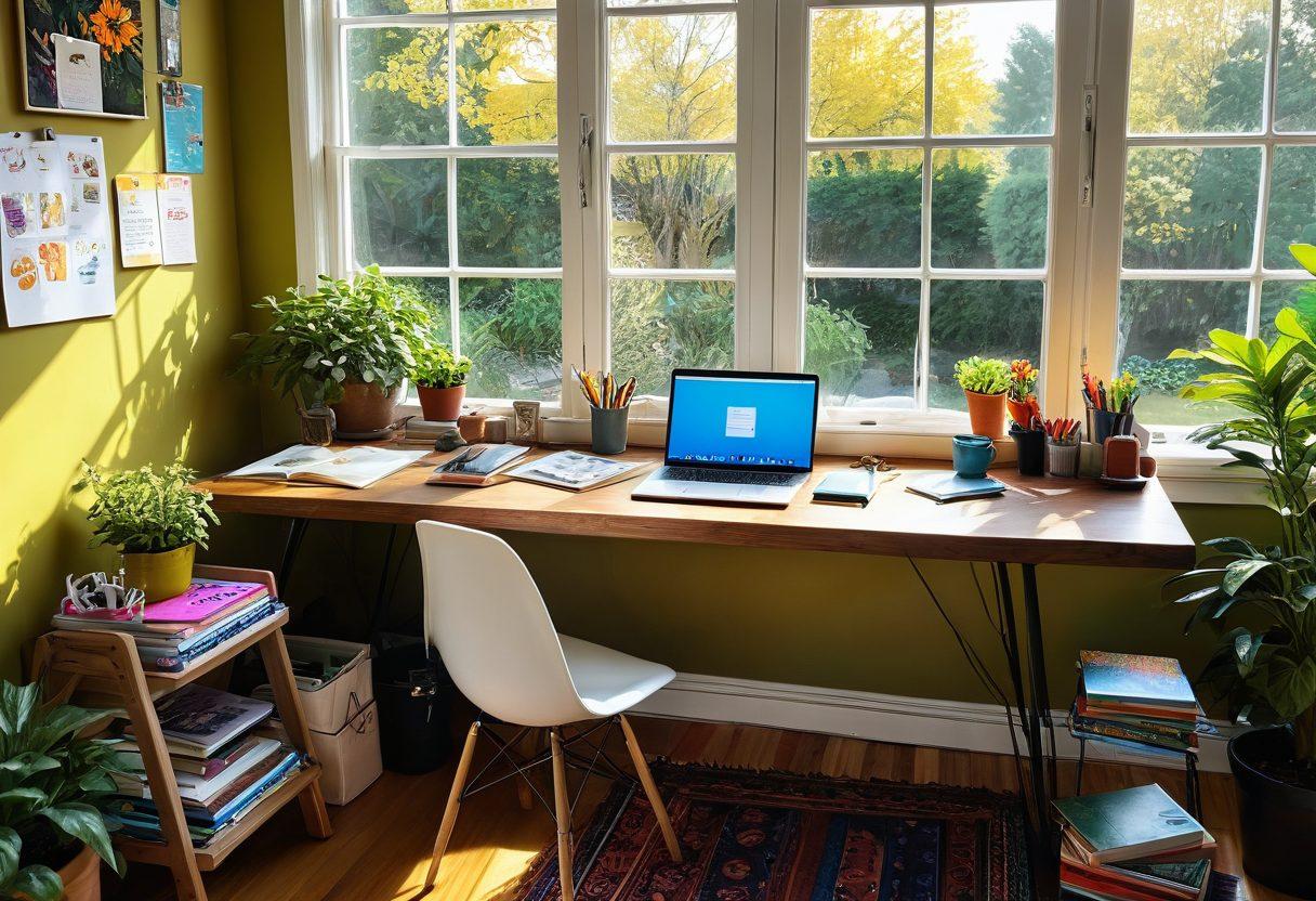 An inviting digital workspace with a cozy desk adorned with colorful journals, a laptop displaying a vibrant community forum, and art supplies scattered around. A window showcasing a lush garden outside symbolizes creativity and connection. Warm sunlight floods the scene, emanating a sense of collaboration and inspiration. super-realistic. vibrant colors. cozy atmosphere.
