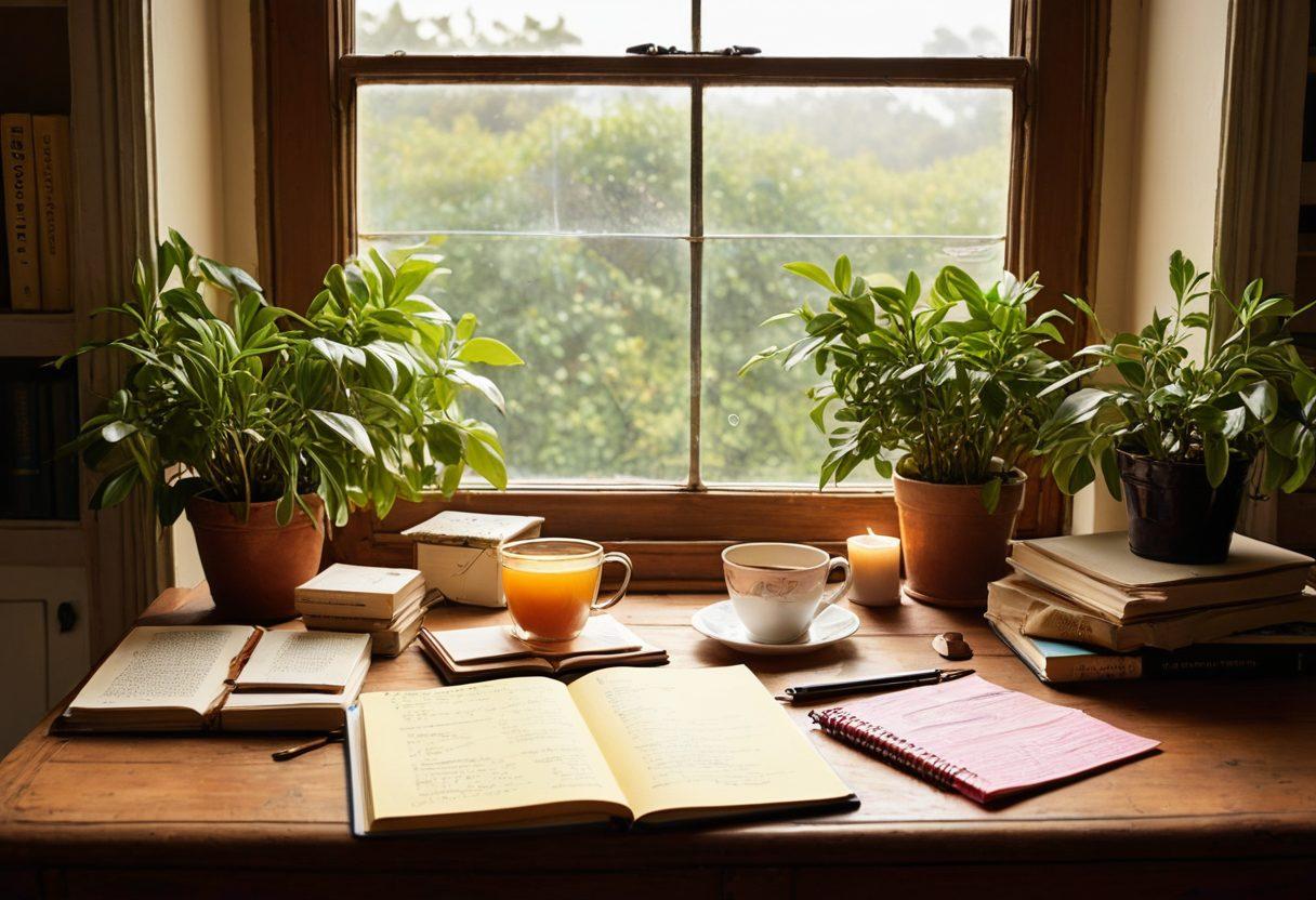 A cozy writer's workspace featuring a vintage wooden desk scattered with open personal diaries, a laptop, and colorful sticky notes. Surrounding the desk, warm sunlight filters through a window adorned with plants, creating an inviting atmosphere. In the background, an open bookshelf brimming with classic literature and modern writing guides evokes inspiration. Artistic elements like ink pens and a steaming cup of tea add a touch of ambiance. soft-focus. warm tones. inviting atmosphere.