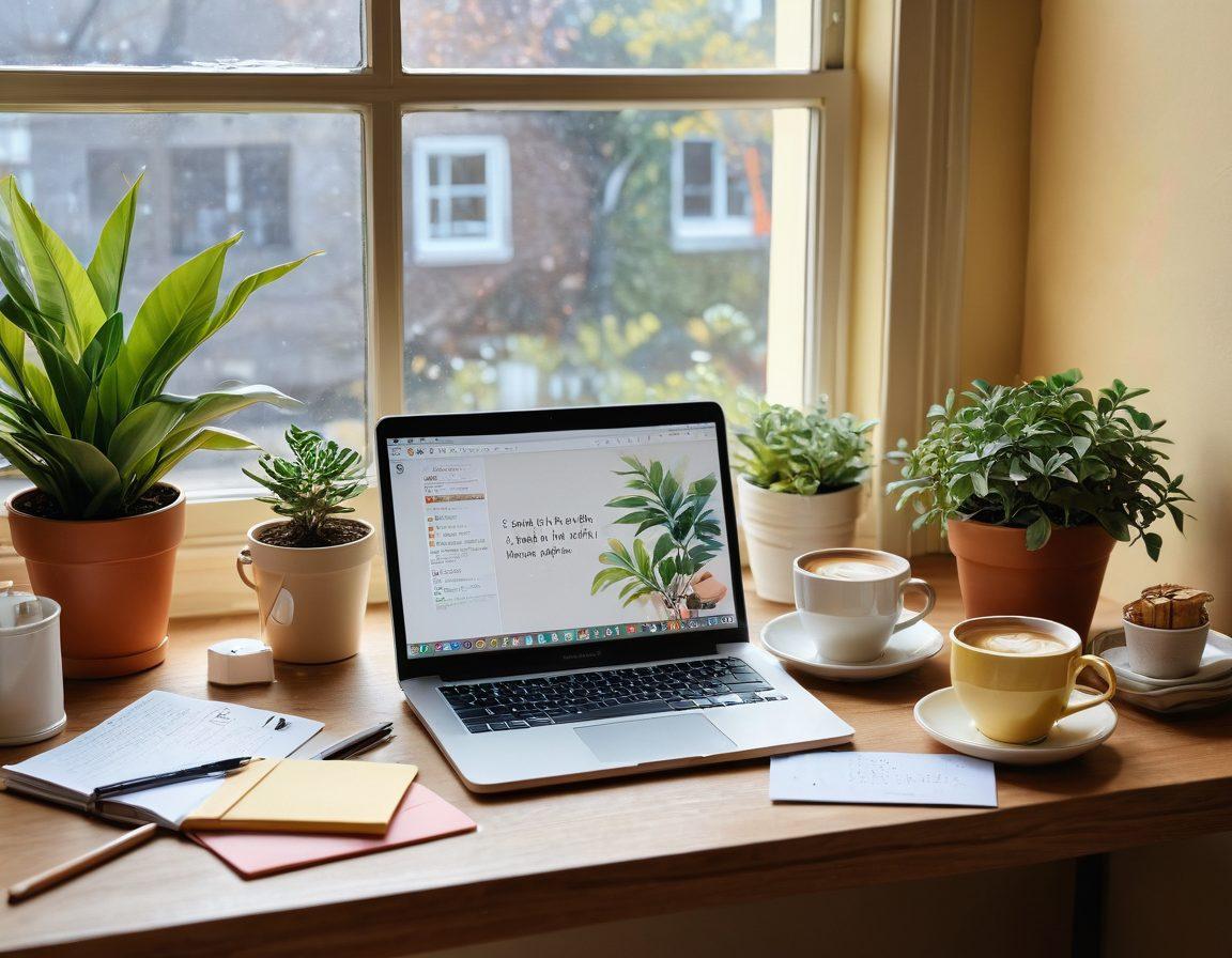A cozy workspace featuring a beautifully designed digital journal on a laptop screen, surrounded by colorful stationery, coffee cup, and a blooming plant. Soft sunlight filters through a nearby window, illuminating the art of journaling with a calming ambiance. Include notes and tips written on sticky notes for an engaging look. Watercolor style, warm colors, soft focus.